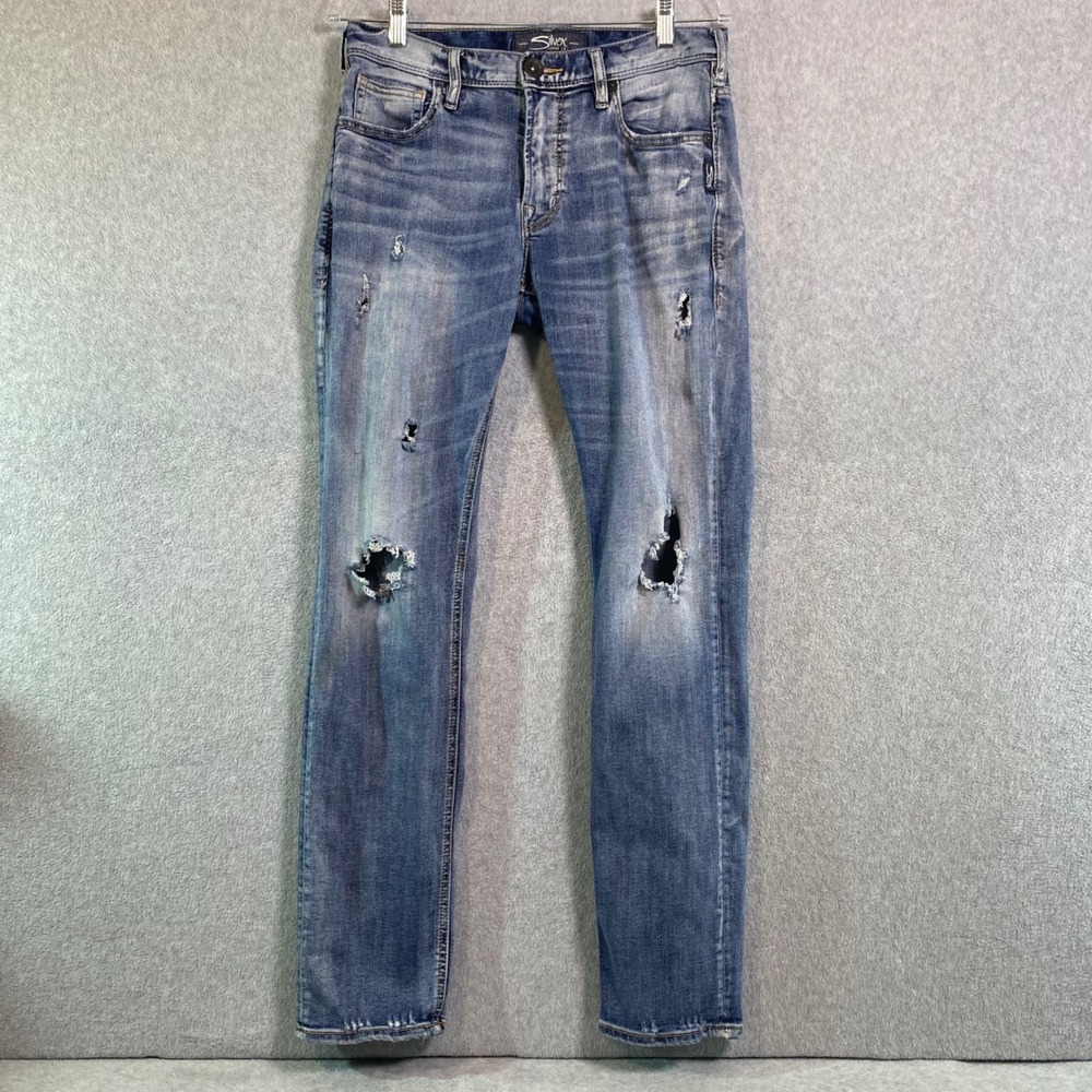 Silver Jeans Konrad Slim Fit Men's 30x32 Blue Distressed Ripped Denim Style EUC